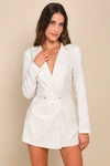 LULUS CONFIDENT SOPHISTICATION IVORY JACQUARD COLLARED BLAZER ROMPER