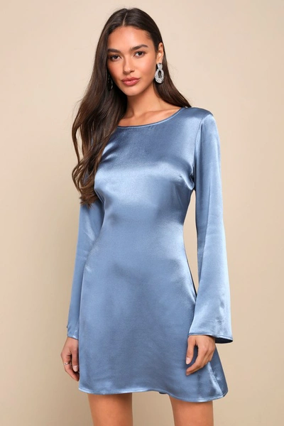 Lulus Completely Sophisticated Slate Blue Satin Long Sleeve Mini Dress