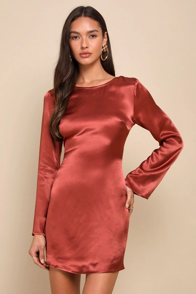 Lulus Completely Sophisticated Rust Red Satin Long Sleeve Mini Dress