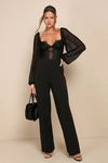 Lulus Instant Attraction Black Mesh Lace Long Sleeve Bustier Jumpsuit In Black