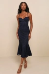 Lulus Found Your Love Navy Blue Lace Sleeveless Trumpet Midi Dress In Navy Blue