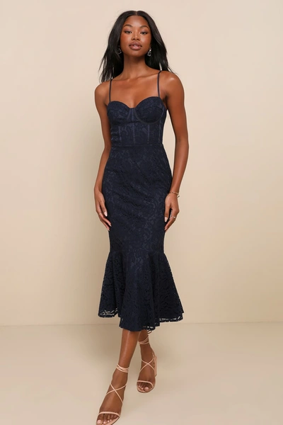 Lulus Found Your Love Navy Blue Lace Sleeveless Trumpet Midi Dress