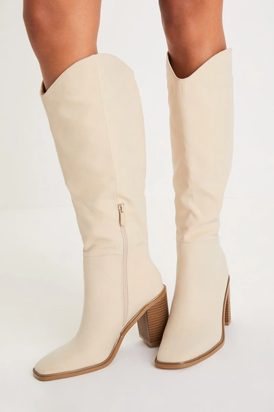 Lulus Beckyy Bone Suede Square Toe Knee-high High Heel Boots In White