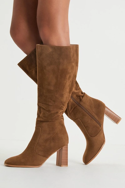 Lulus Arabelle Chestnut Suede Square Toe Knee-high High Heel Boots In Brown