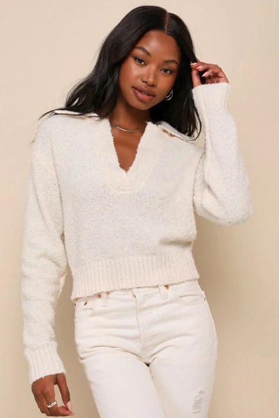 Lulus Toasty Vibes Ivory Collared Pullover Sweater Top