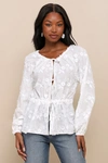 Lulus Wonderfully Darling White Embroidered Drawstring Tie-front Top In White