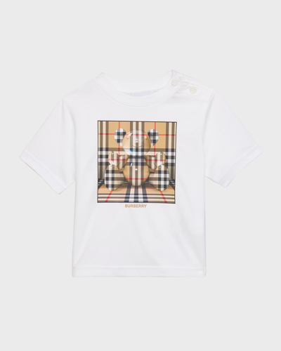 Burberry Kid's Check Box Bear Graphic T-shirt In White/archive Bei