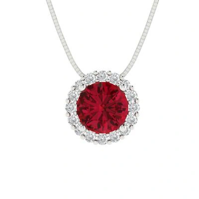 Pre-owned Pucci 1.3 Round Cut Vvs1 Halo Simulated Ruby Pendant Necklace 16" Chain 14k White Gold