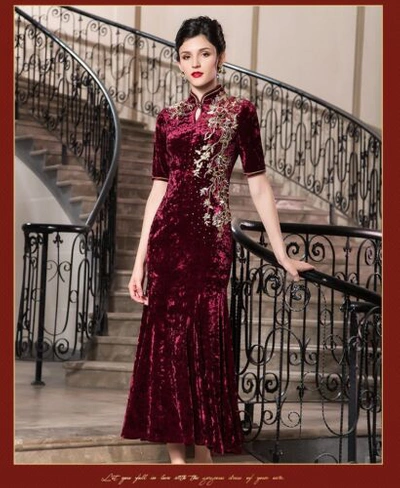 Pre-owned Handmade Custom Made To Order Cheongsam Qipao Embroidery Fish Tail Dress Plus 1x-10x Y279 In Burgundy