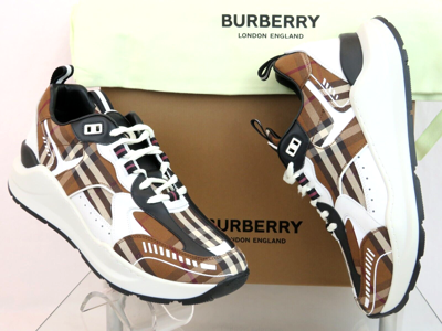 Pre-owned Burberry $870  Sean Brown Check Canvas White Black Leather Logo Sneakers 42 Us 9
