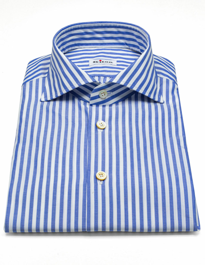 Pre-owned Kiton Shirt In Blue Striped With Shark Collar Regeur420
