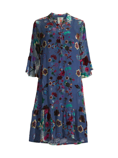 Johnny Was 3/4-sleeve Floral Burnout Flounce Midi Dress In Neutral