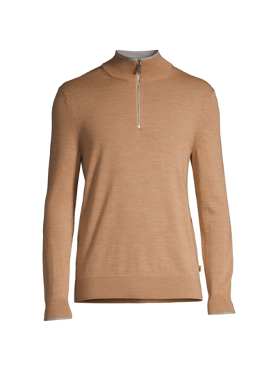 Michael Kors Contrast Trim Merino Wool Quarter Zip Sweater In Khaki Melange