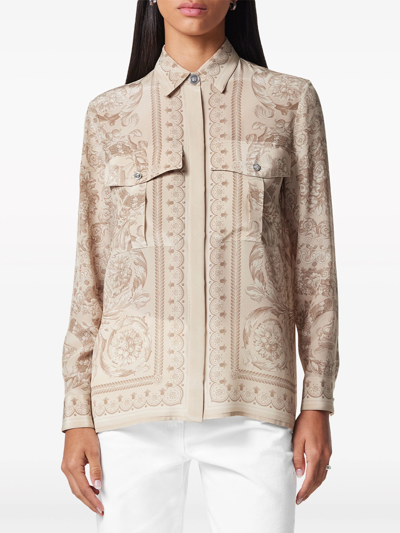 Versace Barocco Silk Shirt In Beige+print