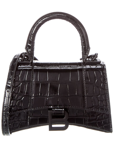 Balenciaga Hourglass Xs Croc-embossed Leather Top Handle Satchel In Black