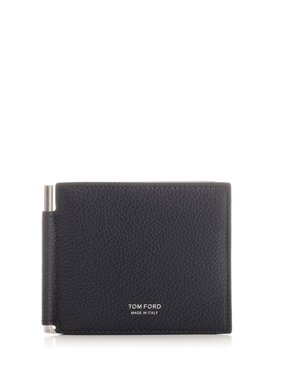 Tom Ford Logo Croc Leather Wallet In Navy