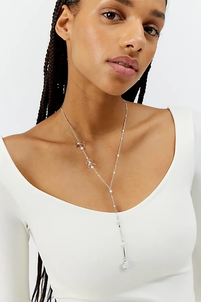 Urban Outfitters Delicate Pearl Lariat Necklace In Silver, Women's At