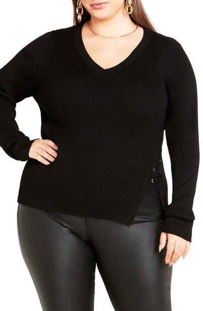 City Chic Charlie Lace-up Side Rib Sweater In Black