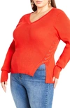 City Chic Charlie Lace-up Side Rib Sweater In Blood Orange