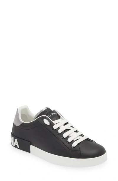 Dolce & Gabbana Black, White And Metallic Silver Portofino Leather Sneakers In Black