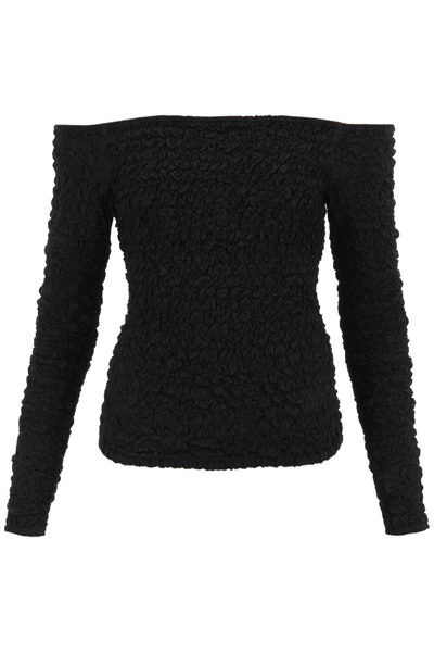 Ganni Smocked Long Sleeved Top In Black