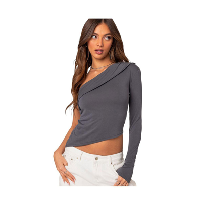 Edikted Foldover One-shoulder Asymmetric Top In Dark-gray