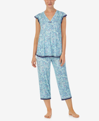 Ellen Tracy Women's Ruffle Sleeve Top And Crop Pants 2-pc. Pajama Set In Mint Paisley