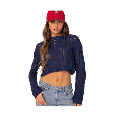 Edikted Women's Gabrielle Cropped Cable Knit Sweater In Navy