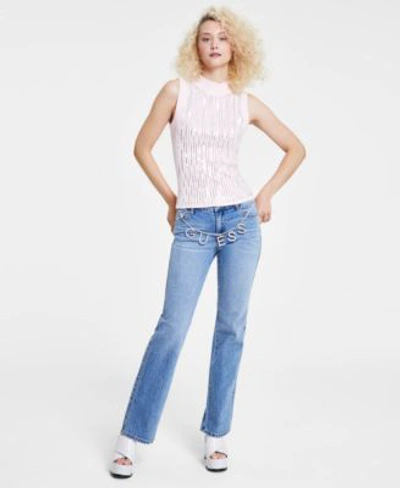 Guess Womens Vivian Sequined Mock Neck Sleeveless Sweater Embellished Chain Denim Jeans In Elysian
