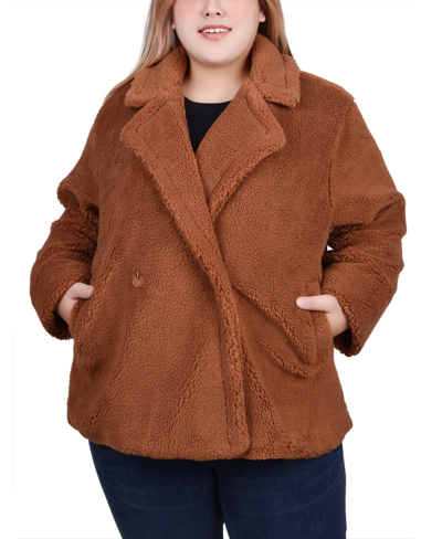 Ny Collection Plus Size Long Sleeve Double Breasted Sherpa Jacket In Toast