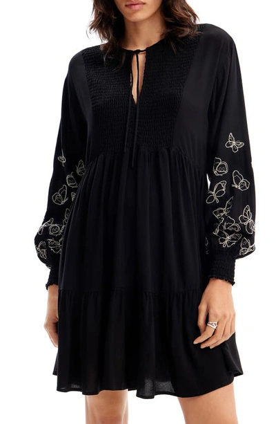 Desigual Fly Embroidered Long Sleeve Minidress In Black