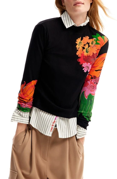 Desigual Rib Floral Mockneck Top In Black