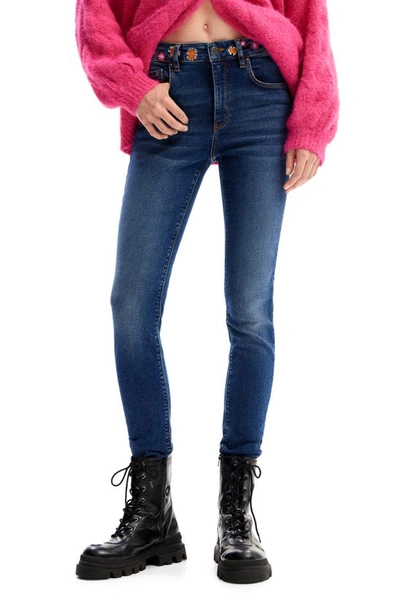 Desigual Janet Floral Embroidered Skinny Jeans In Blue