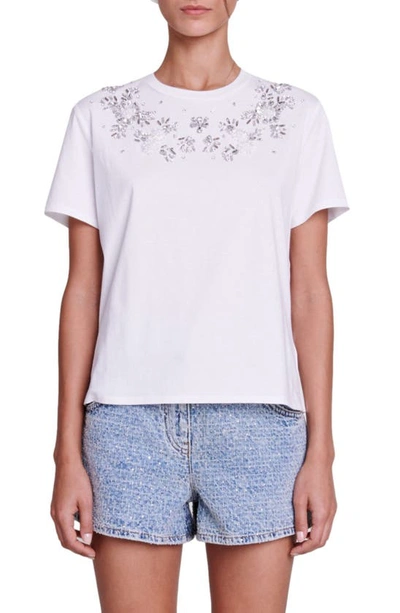 Maje Floral Rhinestone Cotton T-shirt In White