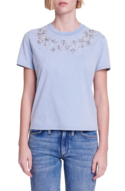 Maje Floral Rhinestone Cotton T-shirt In Light Blue