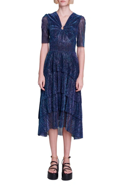 Maje Metallic Tiered Midi Dress In Blue Purple