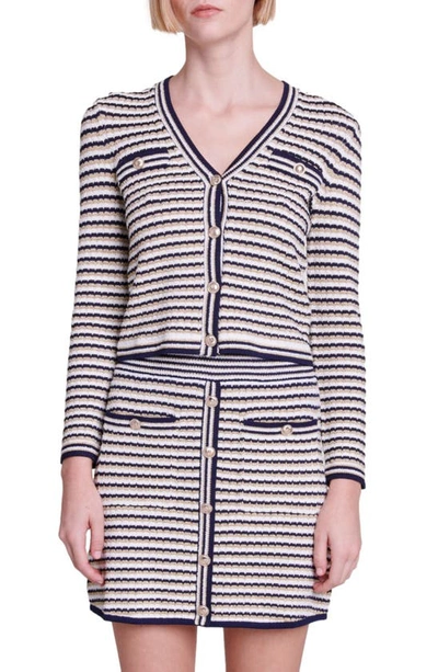 Maje Mosalia Stripe Rib Cardigan In Navy