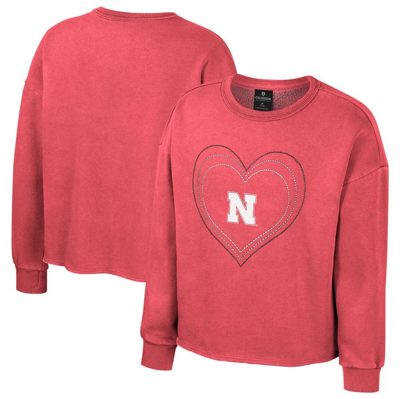 Colosseum Kids' Girls Youth  Scarlet Nebraska Huskers Audrey Washed Fleece Pullover Crewneck Sweatshirt
