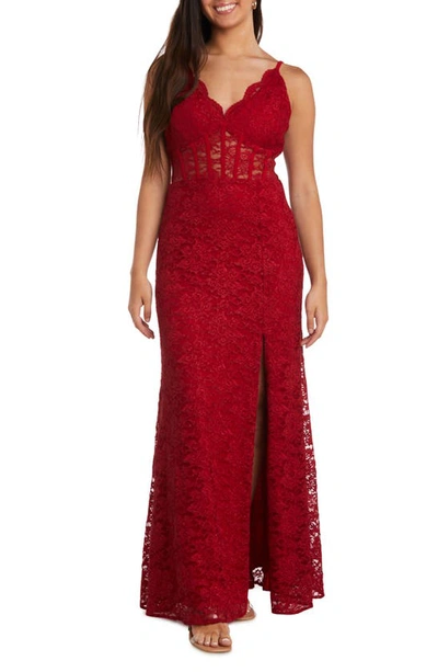 Morgan & Co. Corset Lace Sleeveless Gown In Red