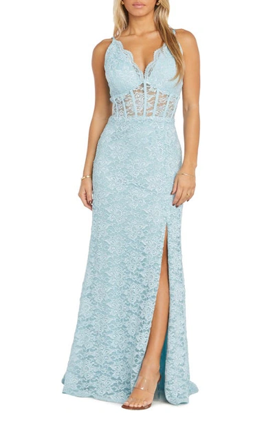 Morgan & Co. Corset Lace Sleeveless Gown In Aqua