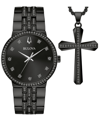 Bulova Men's Classic Crystal Black-tone Stainless Steel Bracelet Watch 40mm Gift Set