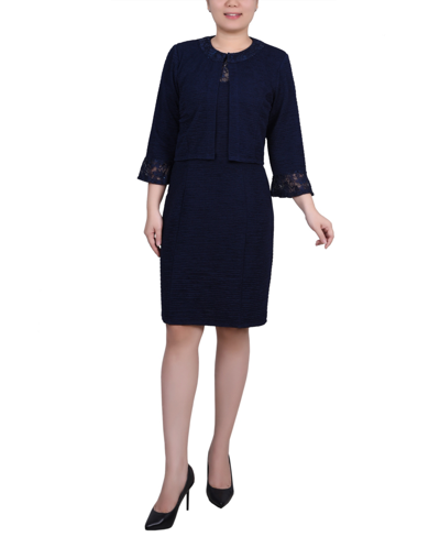 Ny Collection Plus Size Novelty Knit And Lace Dress, 2 Piece Set In Navy