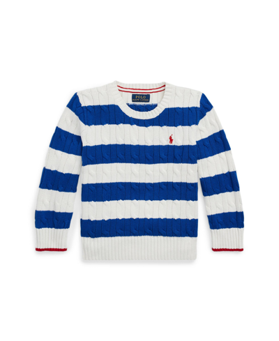 Polo Ralph Lauren Kids' Big Boys Striped Cable-knit Cotton Sweater In Sapphire Star,deckwash White