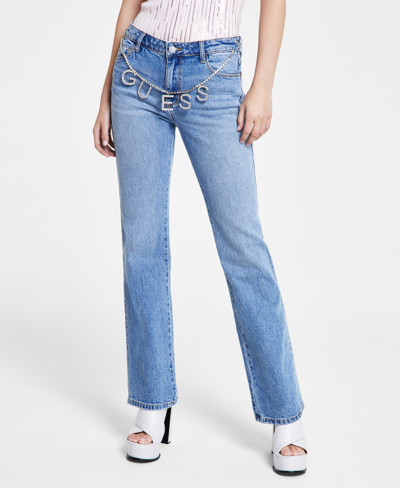 Guess Women's Embellished-chain Straight-leg Denim Jeans In Elysian