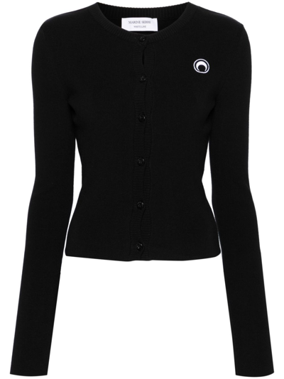 MARINE SERRE BLACK CRESCENT MOON-APPLIQUÉ RIBBED CARDIGAN