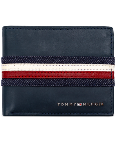 Tommy Hilfiger Men's Denim Stripe Overlay Leather Rfid Passcase Wallet In Navy