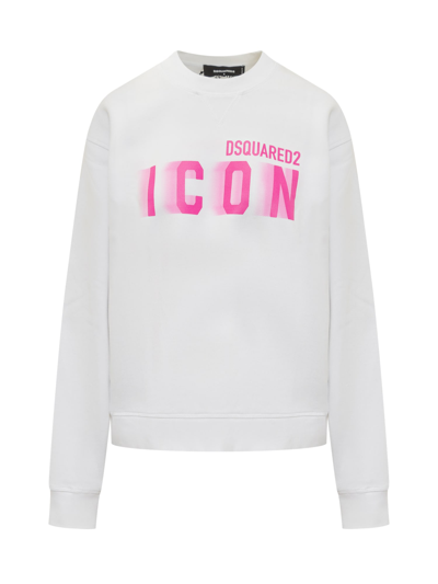 Dsquared2 Icon Blur Fit Crew In White-pink Fluo