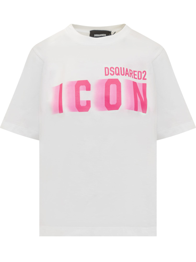 Dsquared2 Icon Blur Easy T-shirt In White-pink Fluo