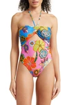 Farm Rio Full Garden One Piece In Full Garden Blue/ Pink