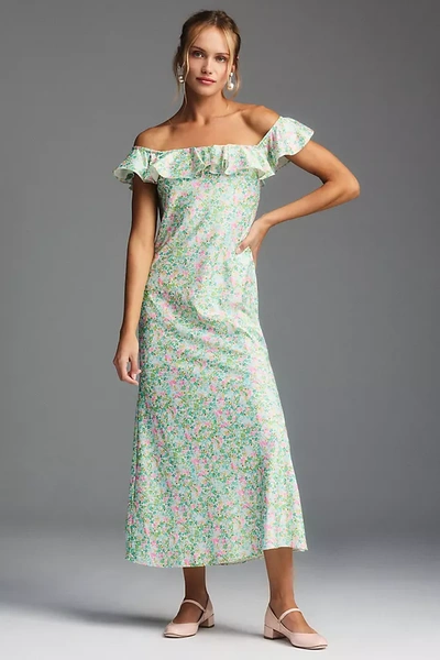 Bhldn Ava Off-the-shoulder Ruffled Midi Dress In Green